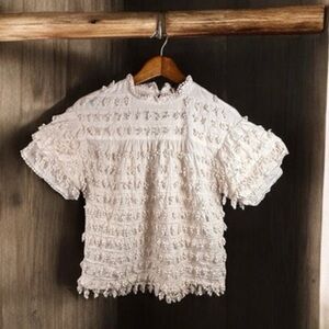 FARM Rio Eucalyptus Seed Fringe Detail Blouse XS NWT White Embroidered Boho Top